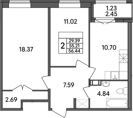 Планировка — Рождественский квартал, 2-комн., 55 м²