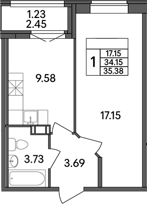 Планировка — Рождественский квартал, 1-комн., 34 м²
