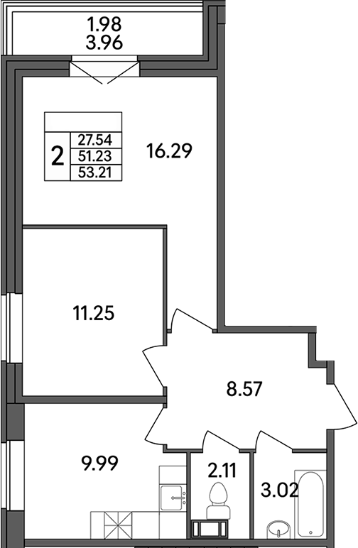 Планировка — Рождественский квартал, 2-комн., 51 м²