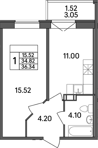 Планировка — Рождественский квартал, 1-комн., 35 м²