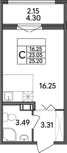 Планировка — Рождественский квартал, Студия, 23 м²