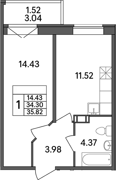 Планировка — Рождественский квартал, 1-комн., 34 м²