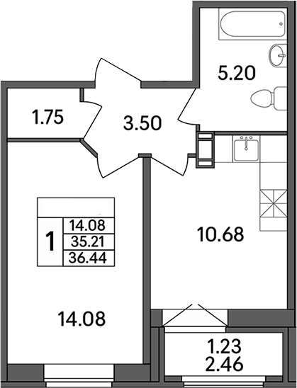 Планировка — Рождественский квартал, 1-комн., 35 м²