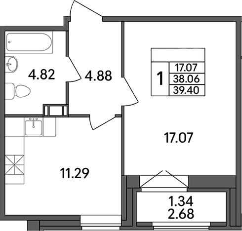 Планировка — Рождественский квартал, 1-комн., 38 м²