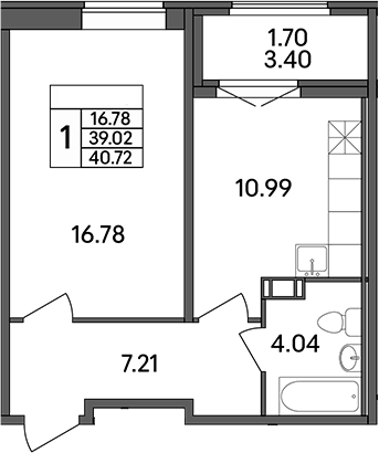 Планировка — Рождественский квартал, 1-комн., 39 м²