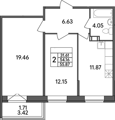 Планировка — Рождественский квартал, 2-комн., 54 м²