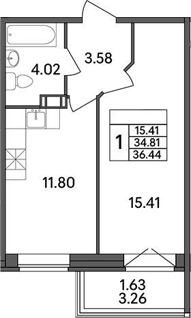 Планировка — Рождественский квартал, 1-комн., 35 м²