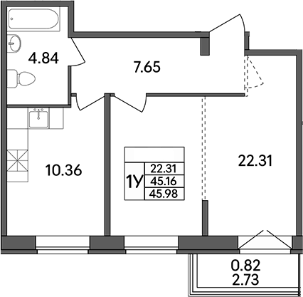 Планировка — Рождественский квартал, 1-комн., 45 м²