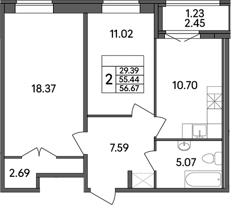 Планировка — Рождественский квартал, 2-комн., 55 м²