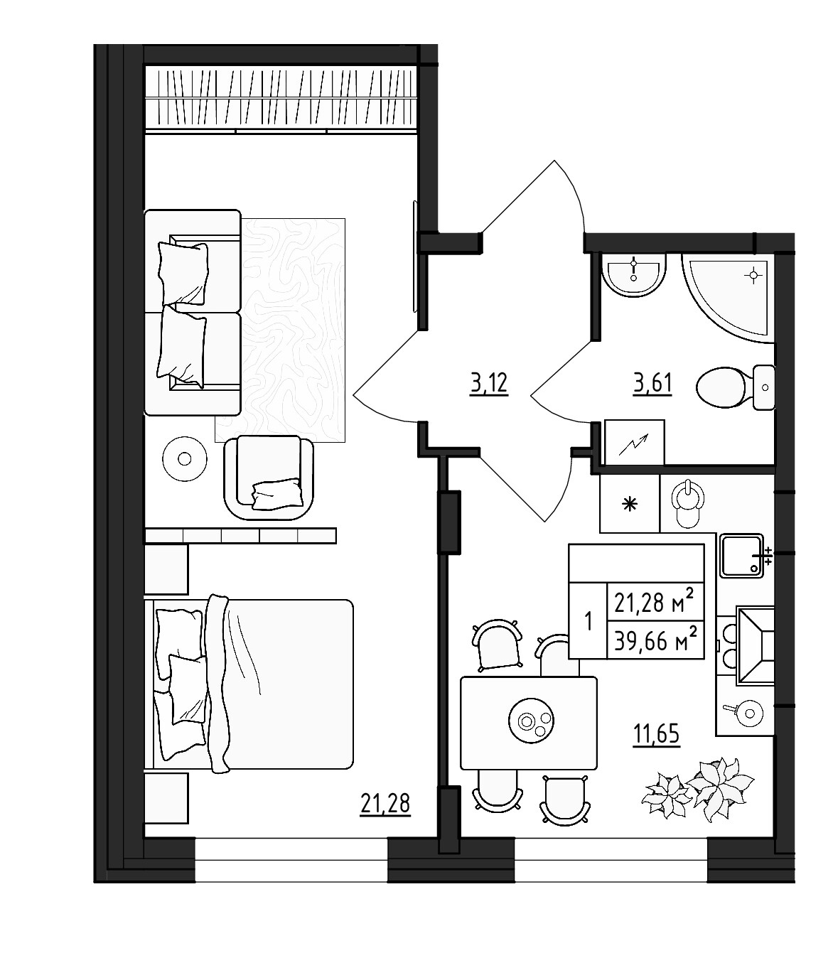 Планировка — ВЕРЕВО-СИТИ, 1-комн., 40 м²