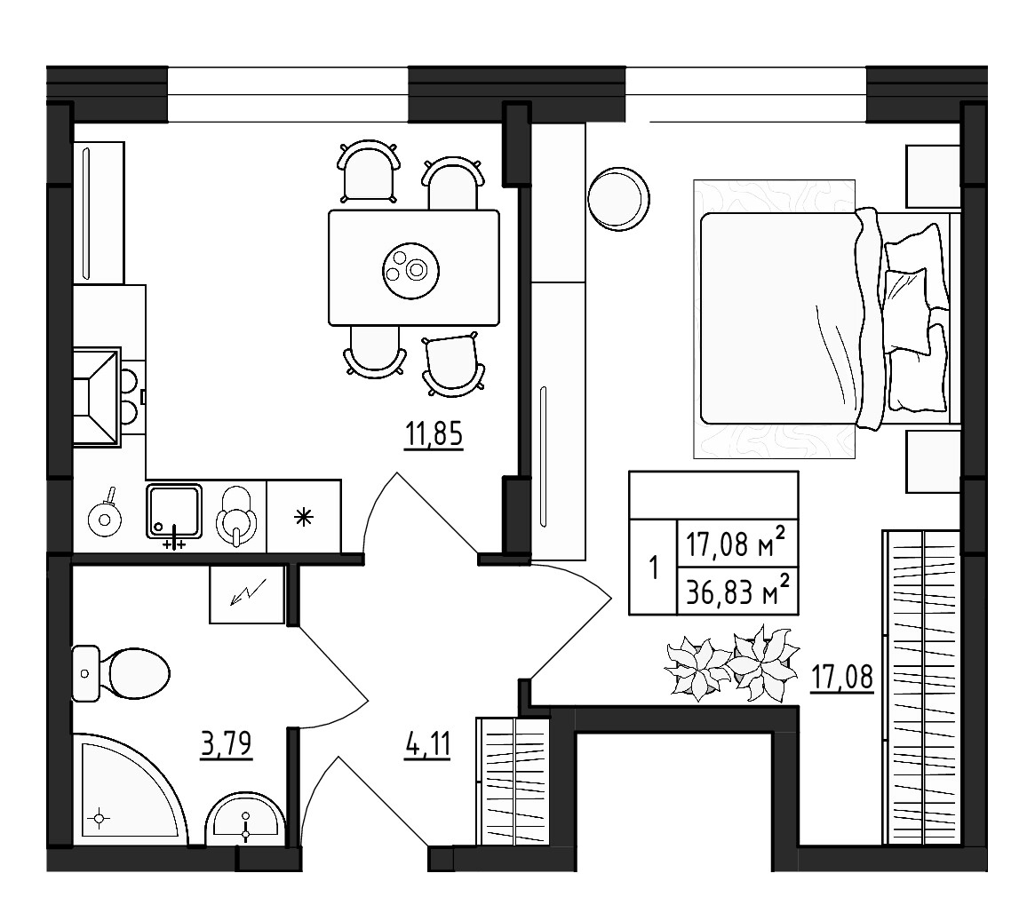 Планировка — ВЕРЕВО-СИТИ, 1-комн., 37 м²