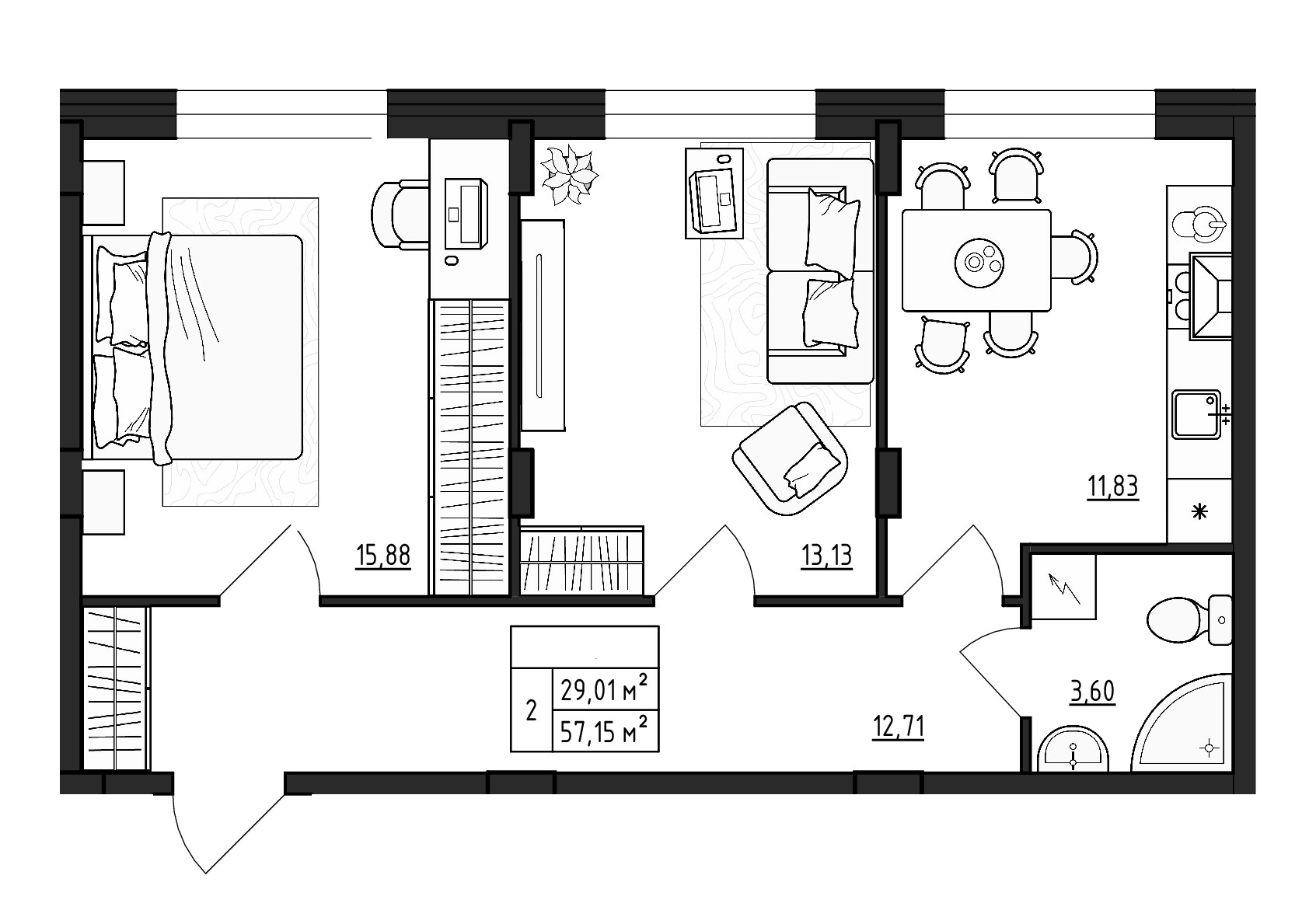 Планировка — ВЕРЕВО-СИТИ, 2-комн., 57 м²