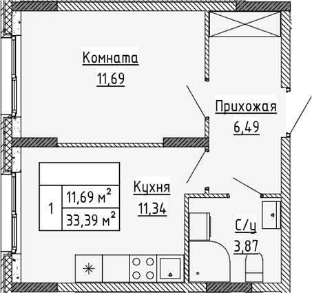 Планировка — Аннино Сити, 1-комн., 33 м²