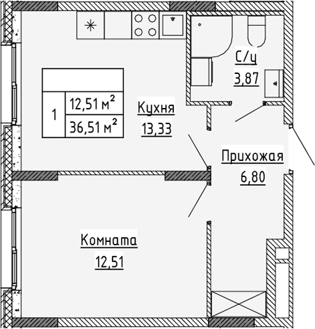 Планировка — Аннино Сити, 2-комн., 37 м²
