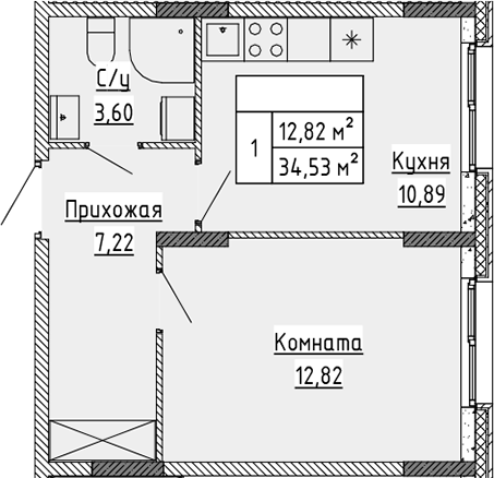 Планировка — Аннино Сити, 1-комн., 35 м²
