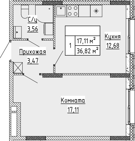Планировка — Аннино Сити, 1-комн., 37 м²