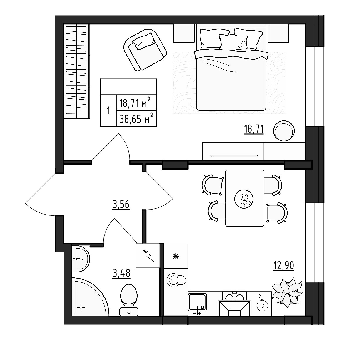 Планировка — ВЕРЕВО-СИТИ, 1-комн., 39 м²