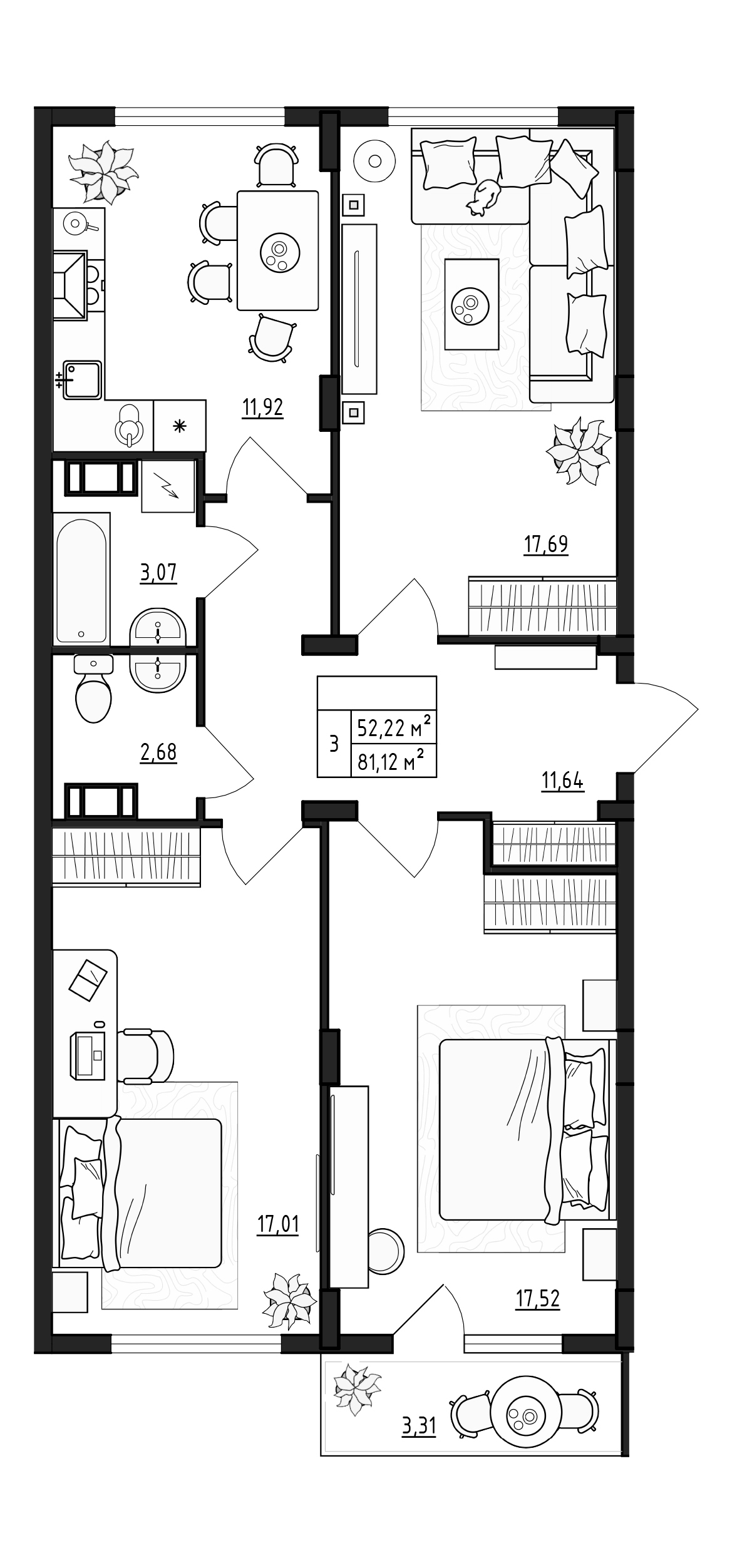 Планировка — ВЕРЕВО-СИТИ, 3-комн., 80 м²