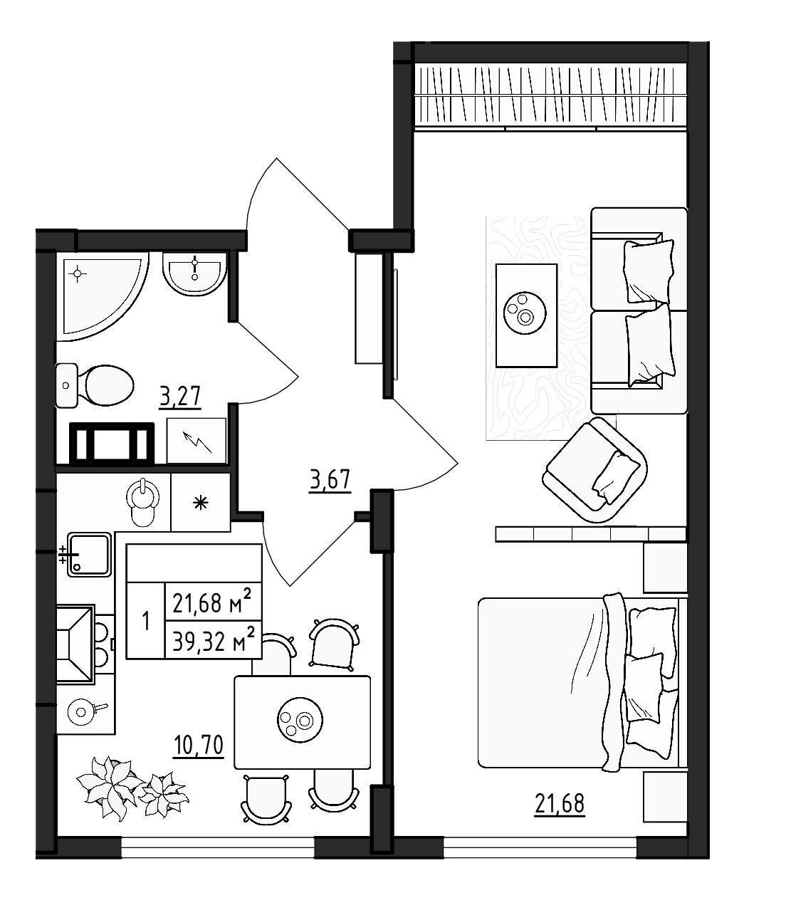 Планировка — ВЕРЕВО-СИТИ, 1-комн., 39 м²
