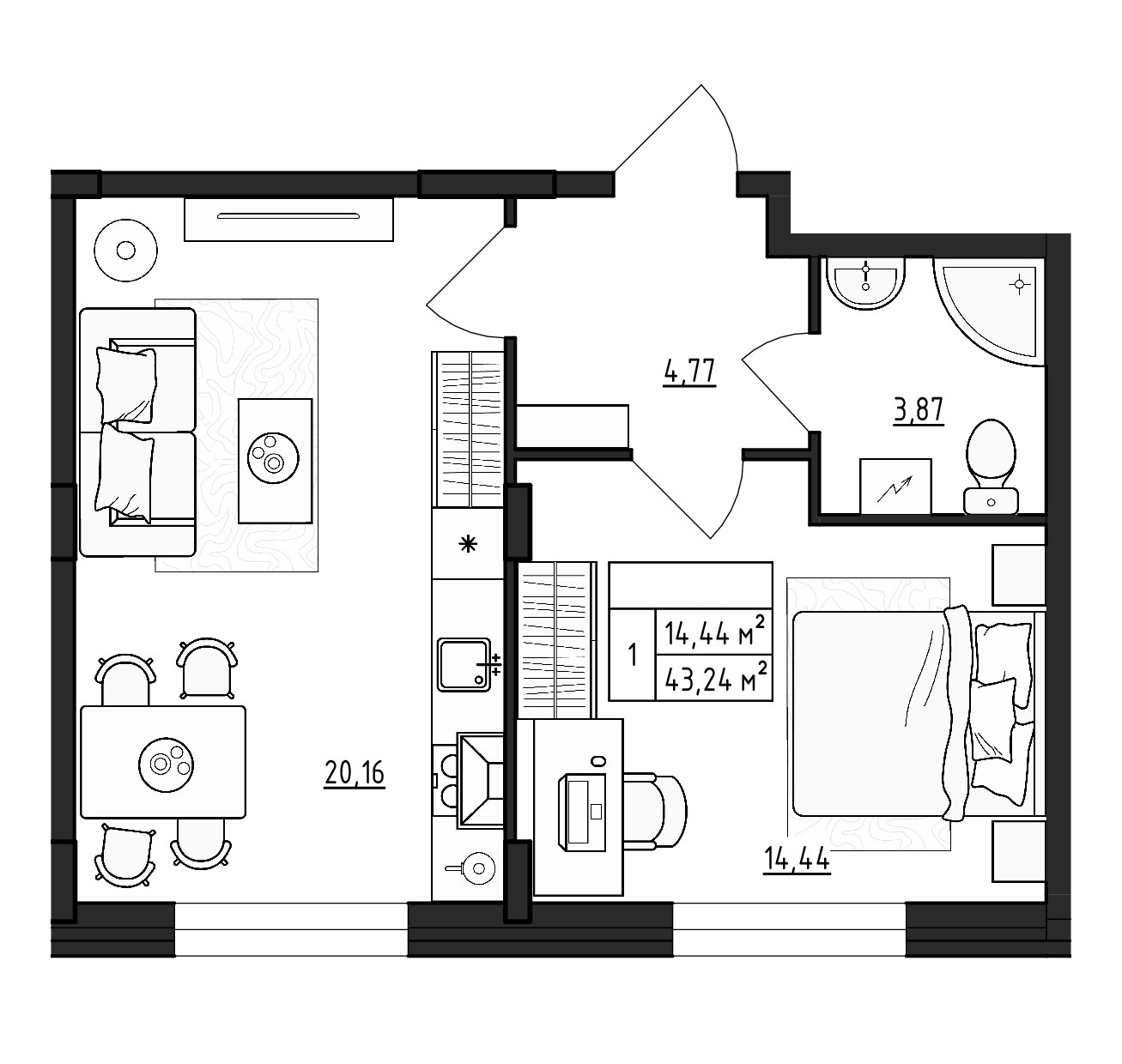 Планировка — ВЕРЕВО-СИТИ, 2-комн., 43 м²