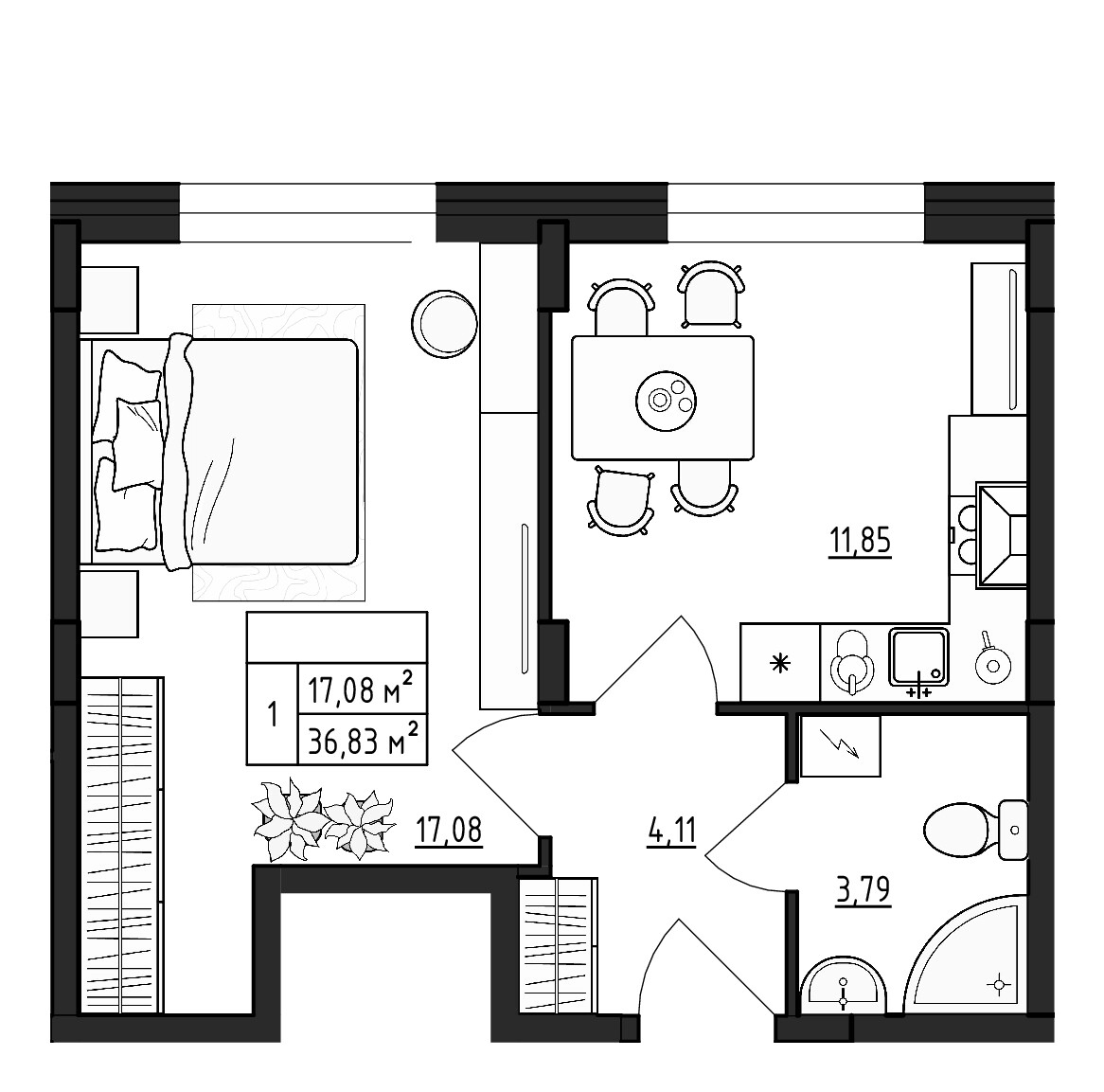 Планировка — ВЕРЕВО-СИТИ, 1-комн., 37 м²