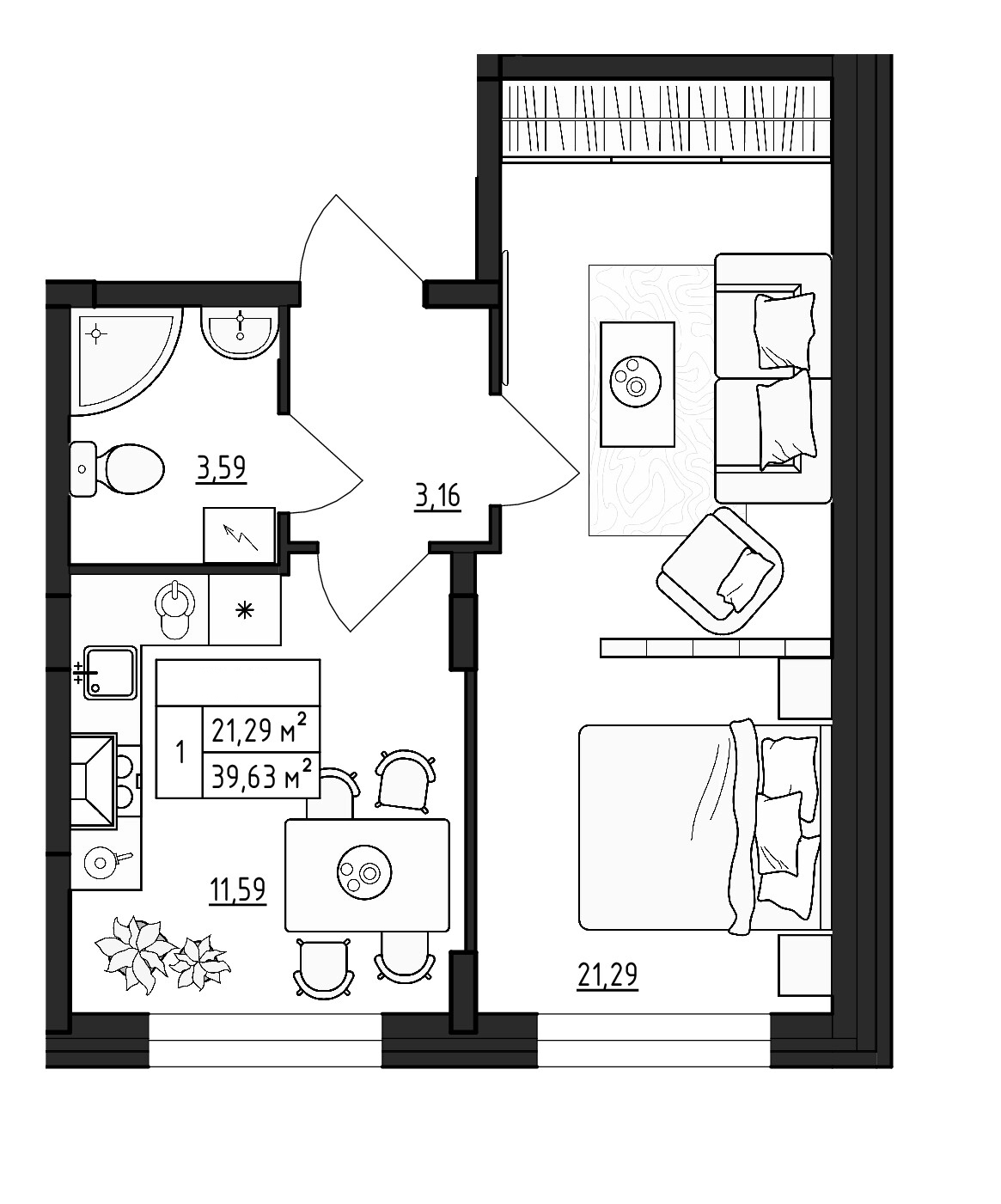 Планировка — ВЕРЕВО-СИТИ, 1-комн., 40 м²
