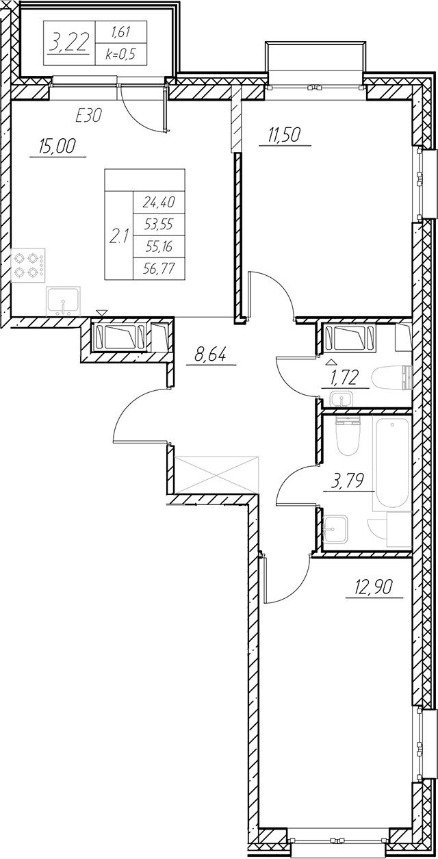 Планировка — RESPECT, 3-комн., 54 м²