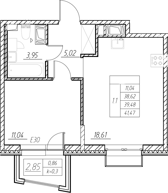 Планировка — RESPECT, 2-комн., 39 м²