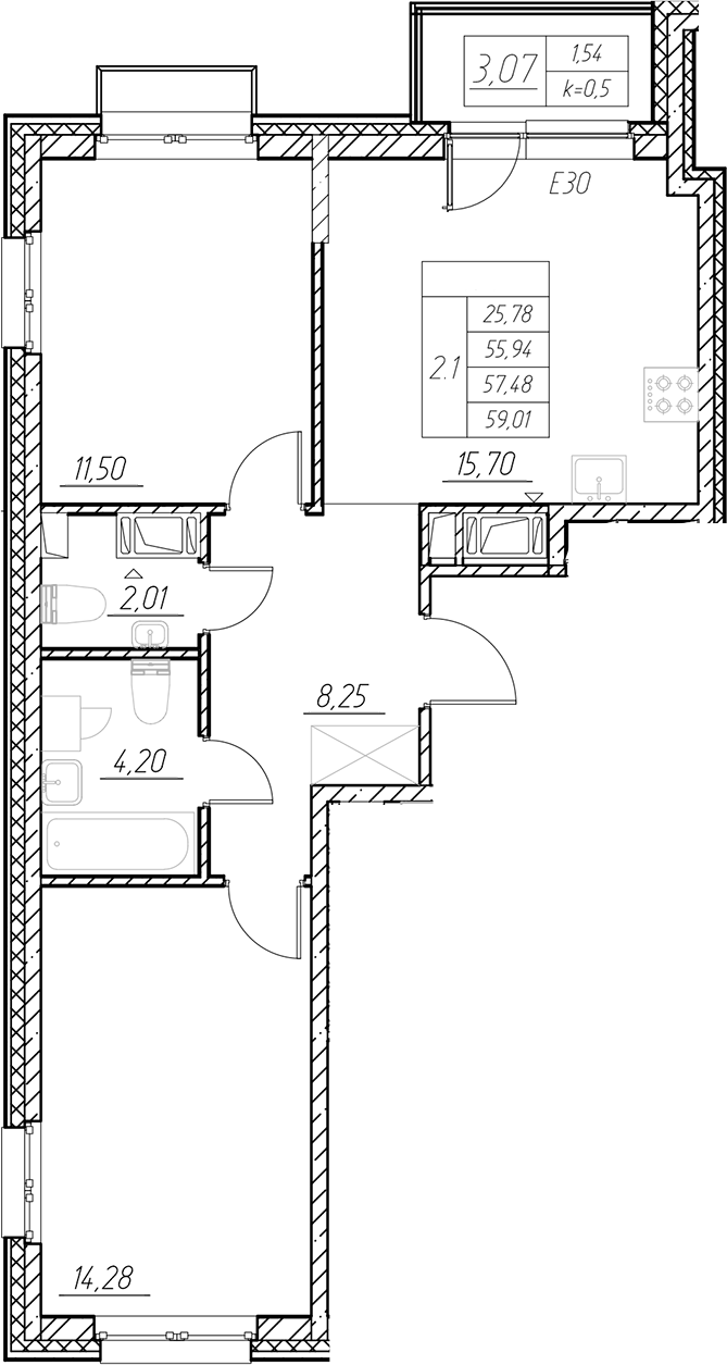 Планировка — RESPECT, 3-комн., 56 м²
