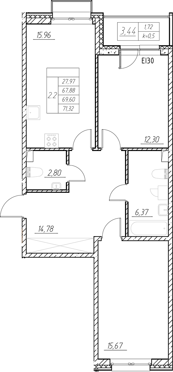 Планировка — RESPECT, 3-комн., 68 м²