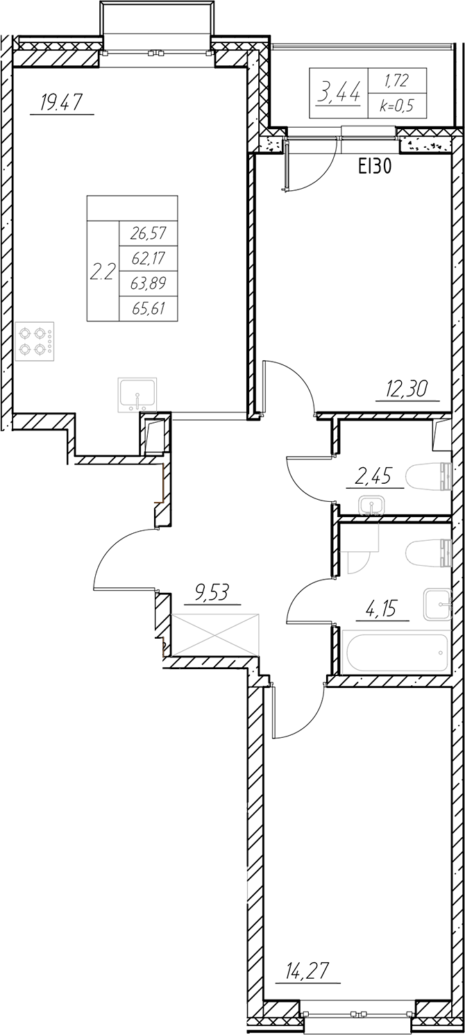 Планировка — RESPECT, 3-комн., 62 м²