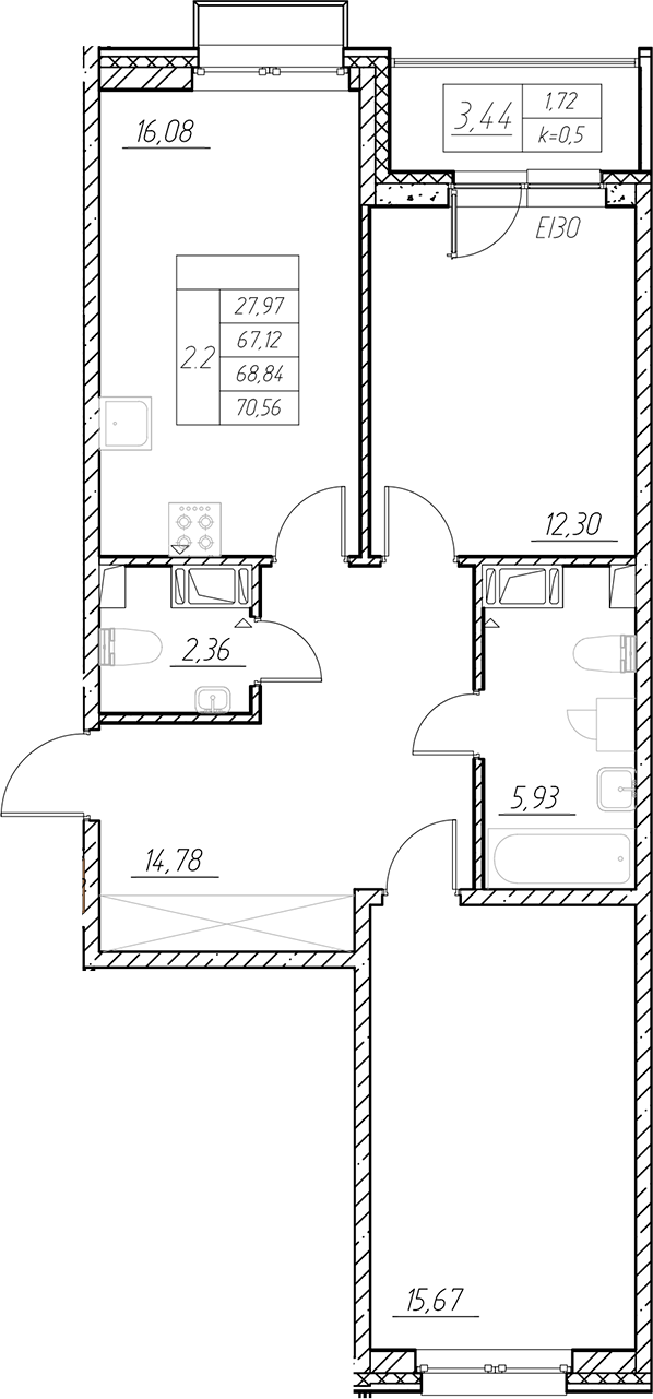 Планировка — RESPECT, 3-комн., 67 м²