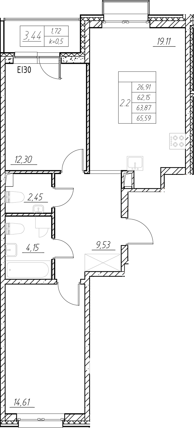 Планировка — RESPECT, 3-комн., 62 м²