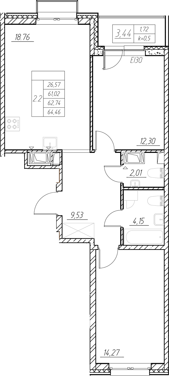 Планировка — RESPECT, 3-комн., 61 м²