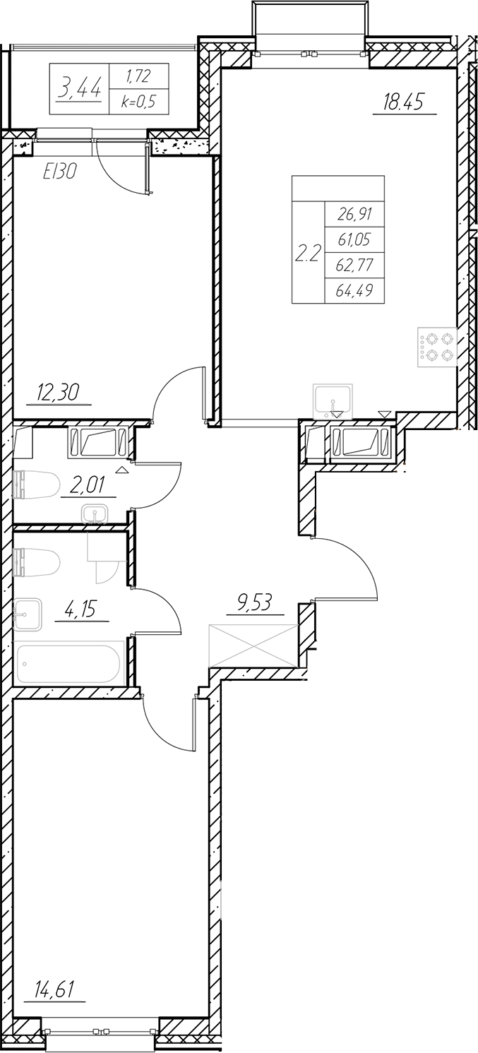 Планировка — RESPECT, 3-комн., 61 м²
