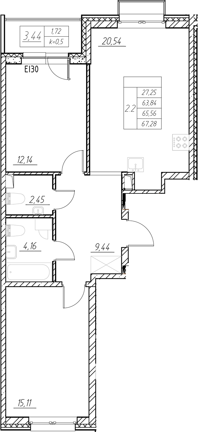 Планировка — RESPECT, 3-комн., 64 м²