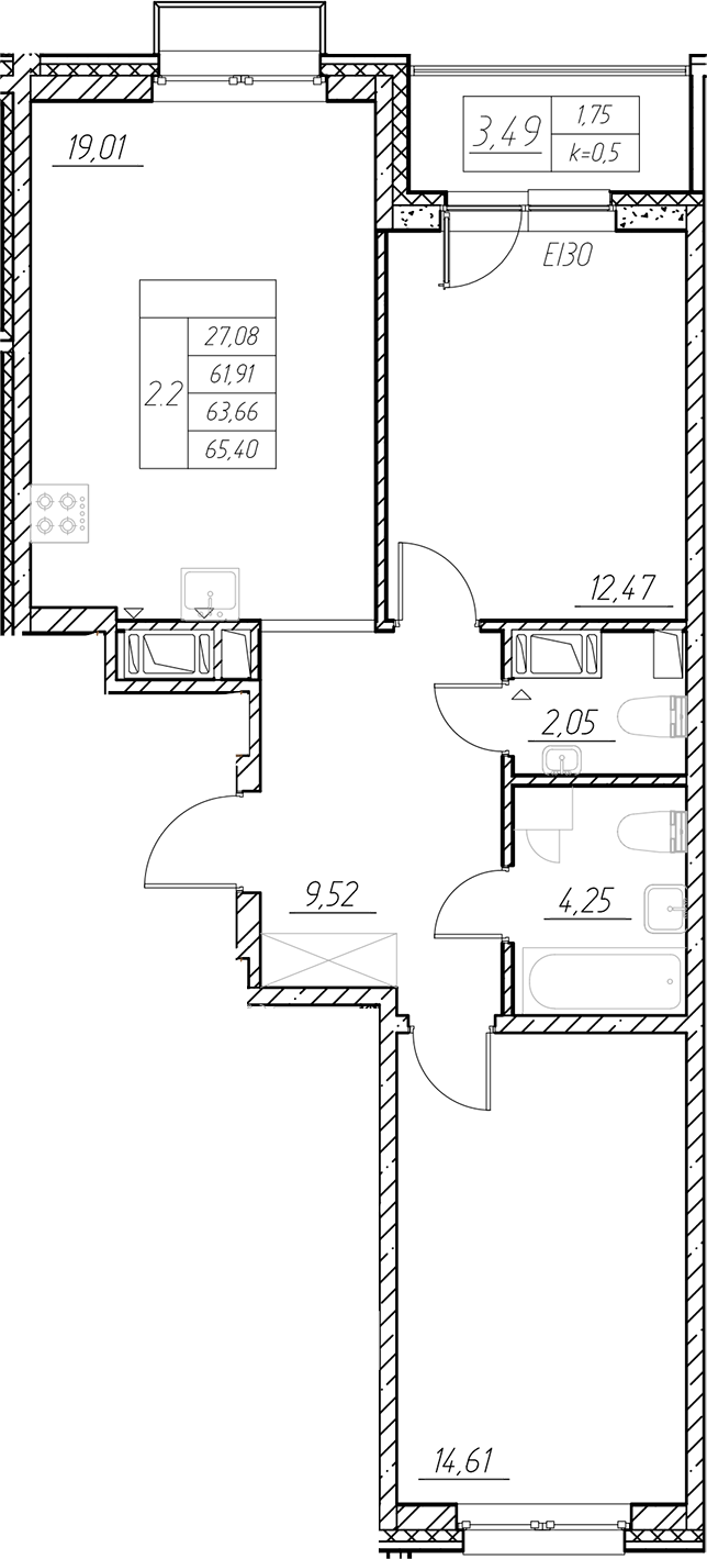 Планировка — RESPECT, 3-комн., 62 м²