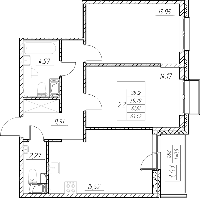 Планировка — RESPECT, 3-комн., 60 м²