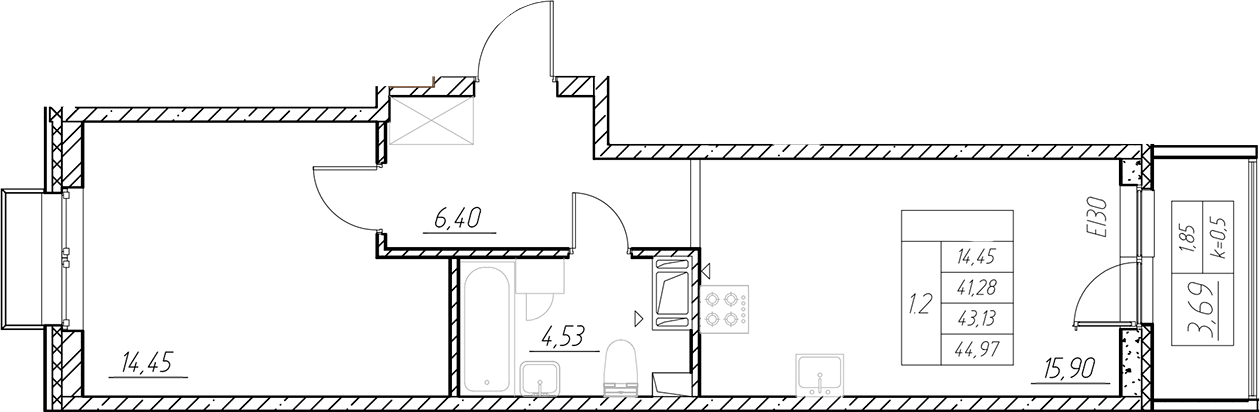 Планировка — RESPECT, 2-комн., 41 м²