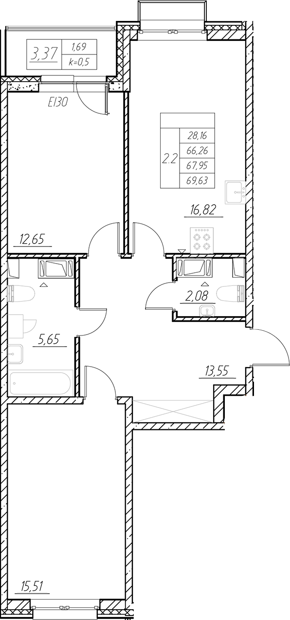 Планировка — RESPECT, 3-комн., 66 м²