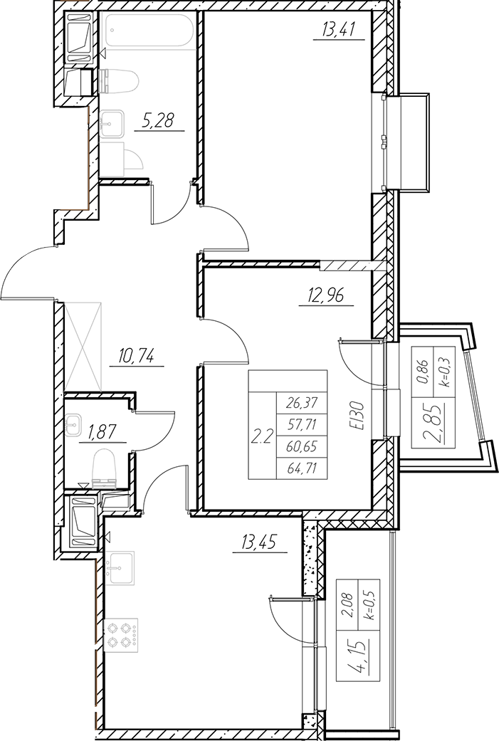 Планировка — RESPECT, 3-комн., 58 м²