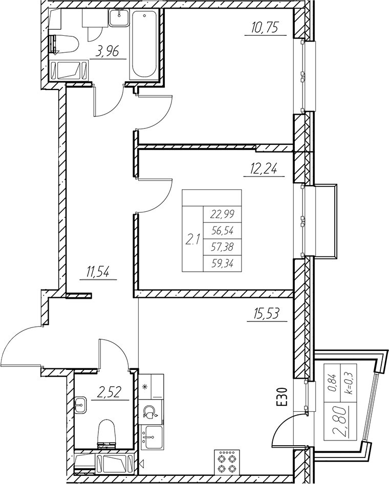 Планировка — RESPECT, 3-комн., 57 м²