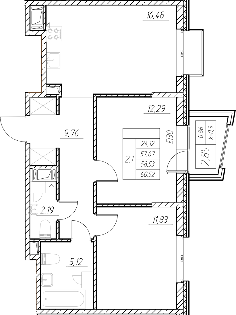 Планировка — RESPECT, 3-комн., 58 м²