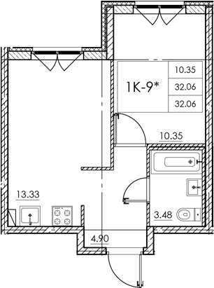 Планировка — Стороны света 2, 1-комн., 32 м²
