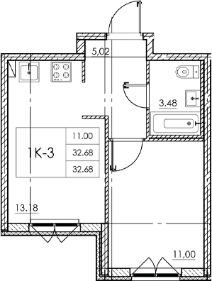 Планировка — Стороны света 2, 1-комн., 33 м²