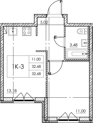 Планировка — Стороны света 2, 1-комн., 33 м²