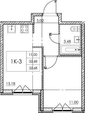 Планировка — Стороны света 2, 1-комн., 33 м²