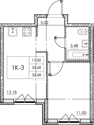 Планировка — Стороны света 2, 1-комн., 33 м²