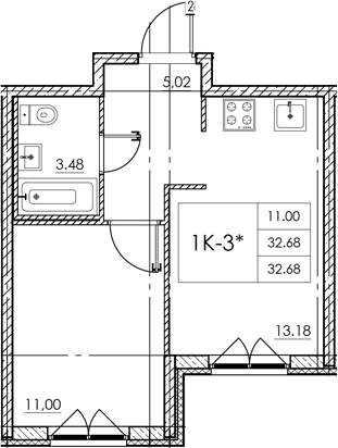 Планировка — Стороны света 2, 1-комн., 33 м²