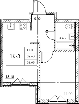 Планировка — Стороны света 2, 1-комн., 33 м²